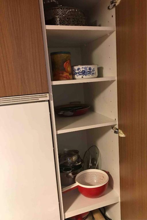 a kitchen pantry with shelves with bowls and dishes at Vintage Apartment By Apartments Capricorn in Gsteigwiler