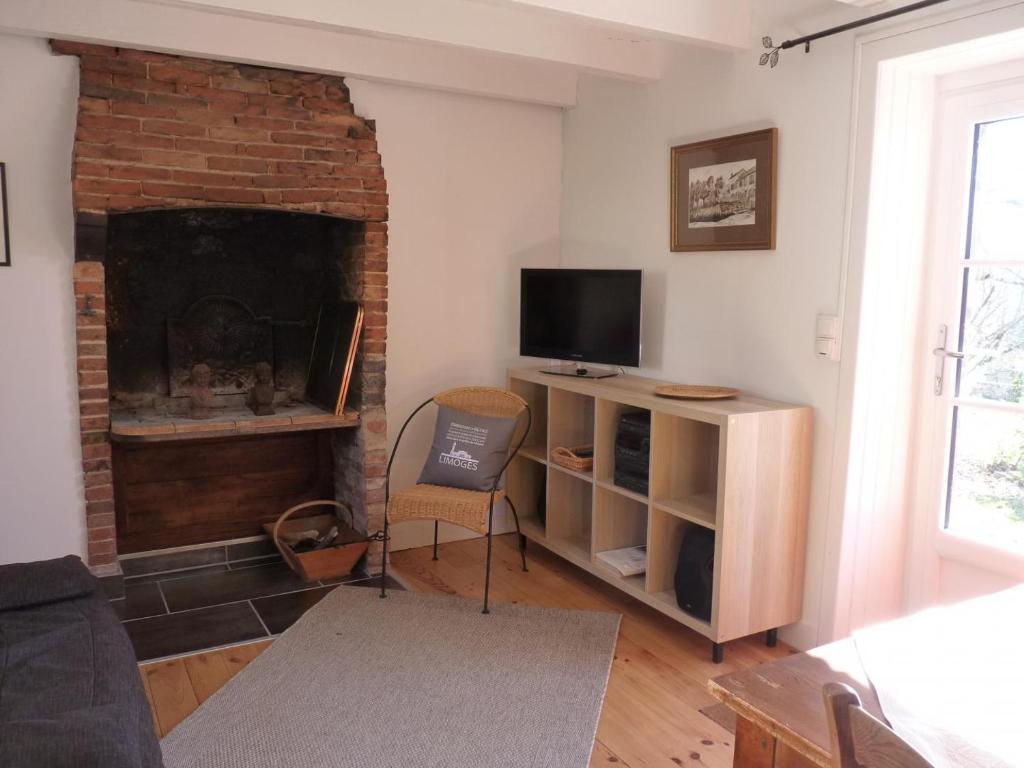 un salon avec une télévision et une cheminée dans l'établissement Le puy neige, à Le Palais-sur-Vienne