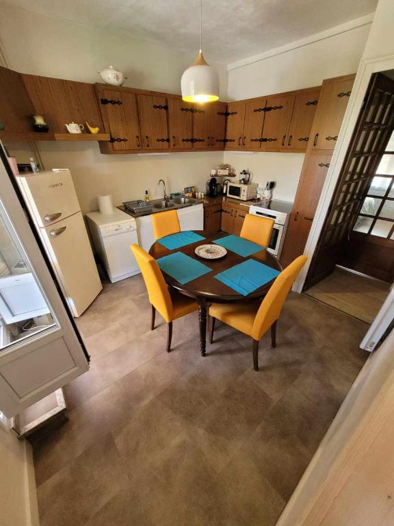une cuisine avec une table et des chaises dans une cuisine dans l'établissement La Salamandre -appartement, à Salbris