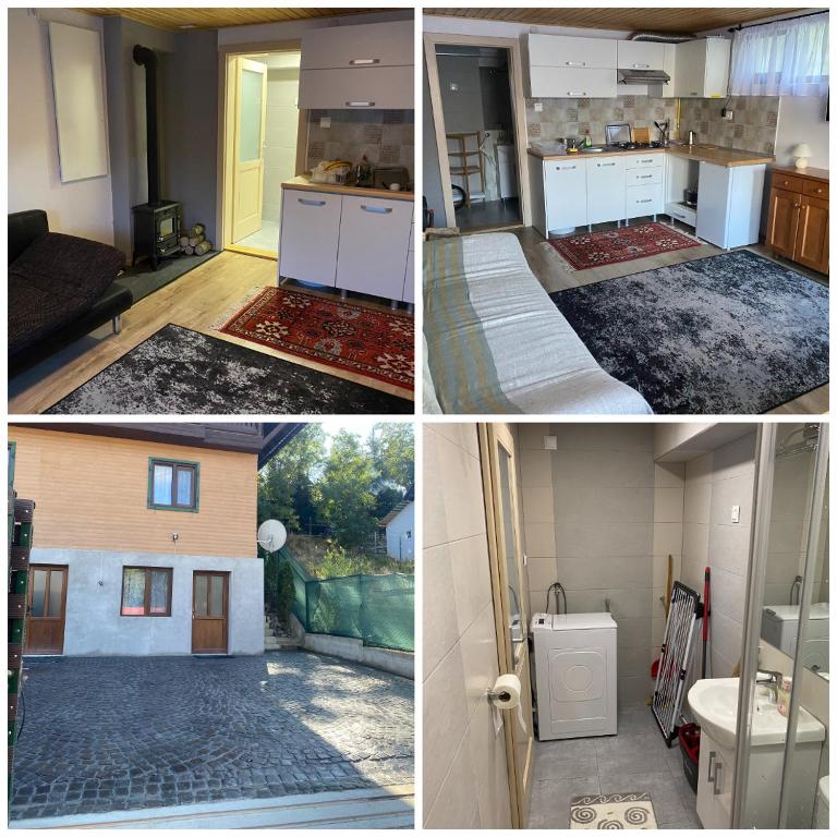 four different pictures of a kitchen and a house at SKH S, 1 apartment, 1 bedroom in Praid