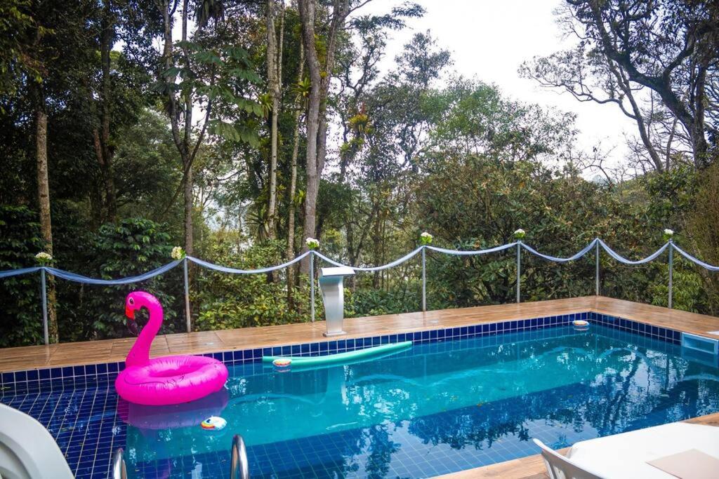 une piscine avec un cygne rose dans l'eau dans l'établissement Happy Hour no Condo- Minions, à Riacho Grande