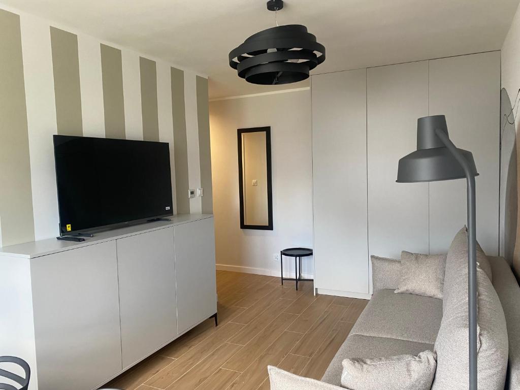 Una sala de estar con un sofá y un televisor de pantalla plana. en Apartament Duet, en Kłodzko