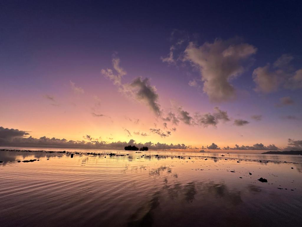 a sunset on a beach with birds in the water at B&B chez Anouk in Tevaitoa