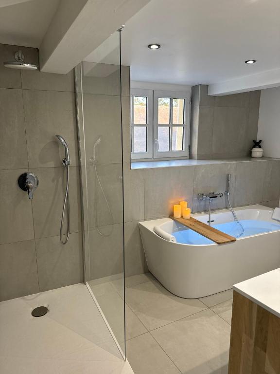 une salle de bain avec baignoire et douche en verre dans l'établissement La Suite - Cathédrale, à Chartres