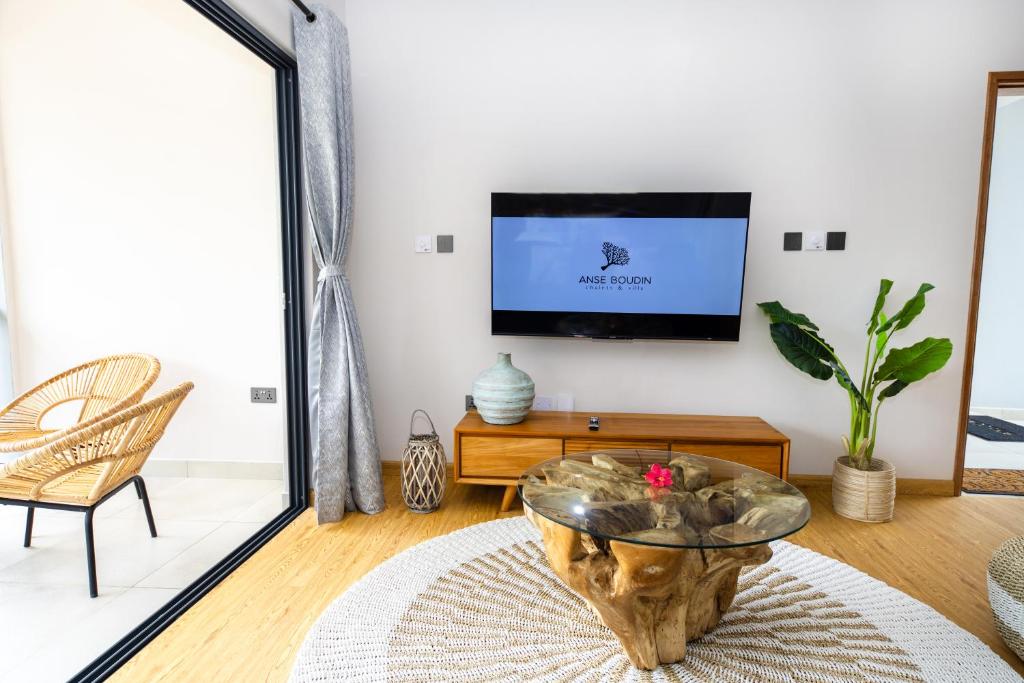 TV a/nebo společenská místnost v ubytování Anse Boudin Chalets