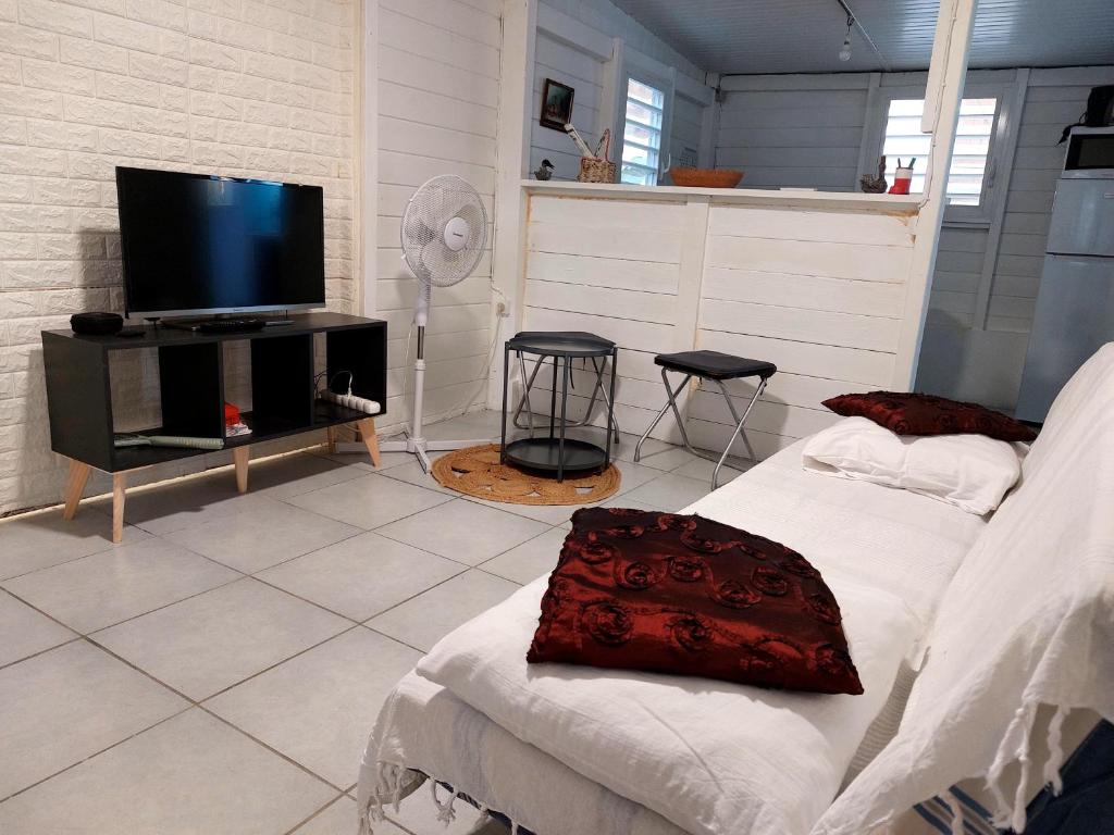 TV a/nebo společenská místnost v ubytování La Prairie, maison bois