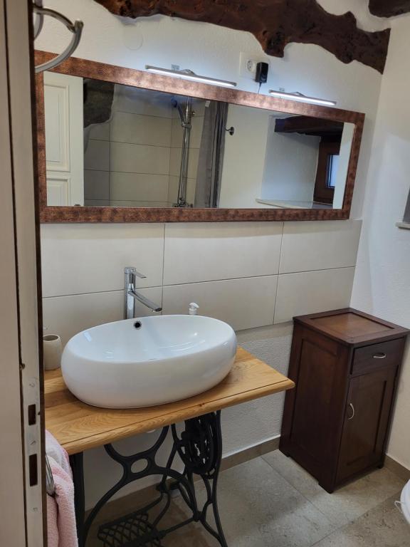 łazienka z białą umywalką i lustrem w obiekcie Apartman studio Baladur w mieście Roč