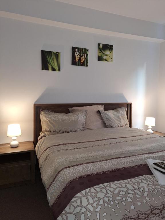 a bedroom with a large bed with three pictures on the wall at Promenade apartment in Târgu-Mureş