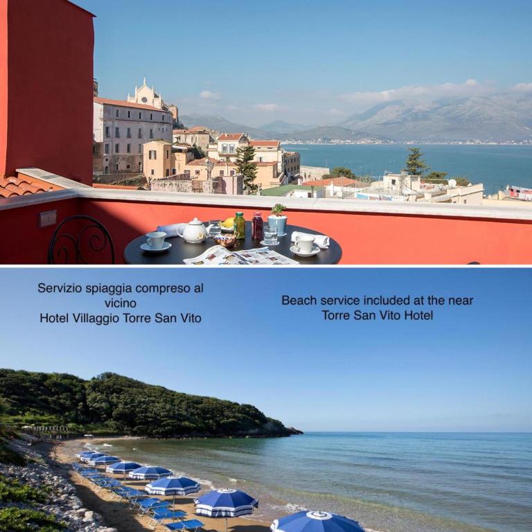 a collage of two pictures of a beach with umbrellas at Dimora del Leone Gaeta in Gaeta