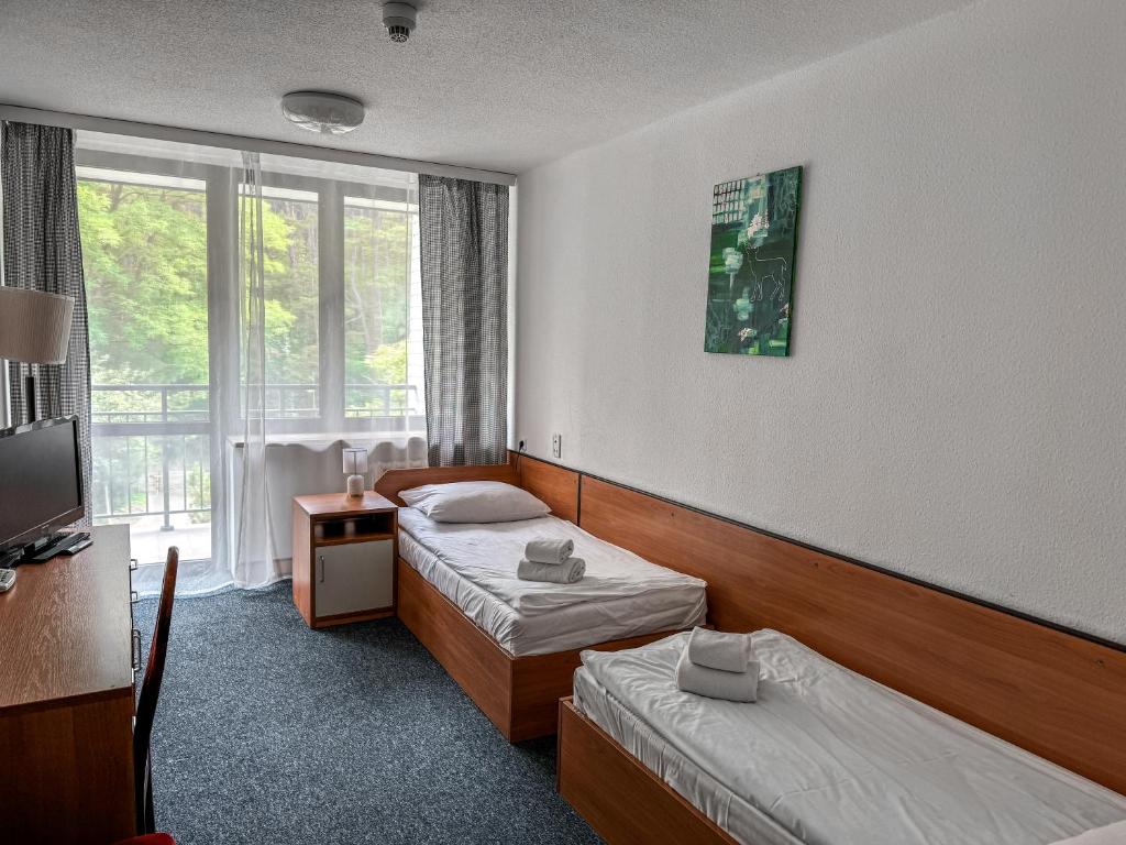 pokój hotelowy z dwoma łóżkami i oknem w obiekcie Hotel Echo w mieście Cedzyna