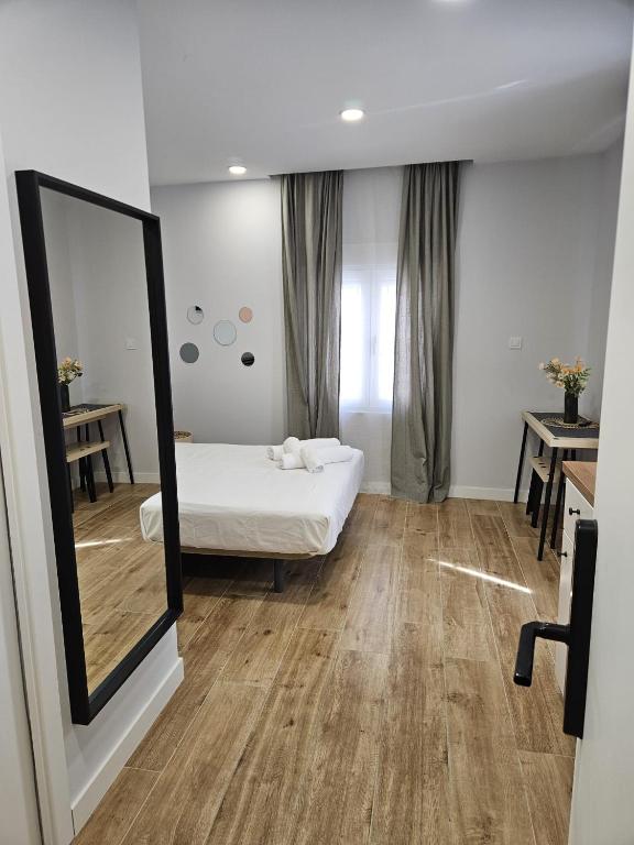 Hotel Villa Verde, a hotel room with a bed and a mirror at Villa Verde in Madrid