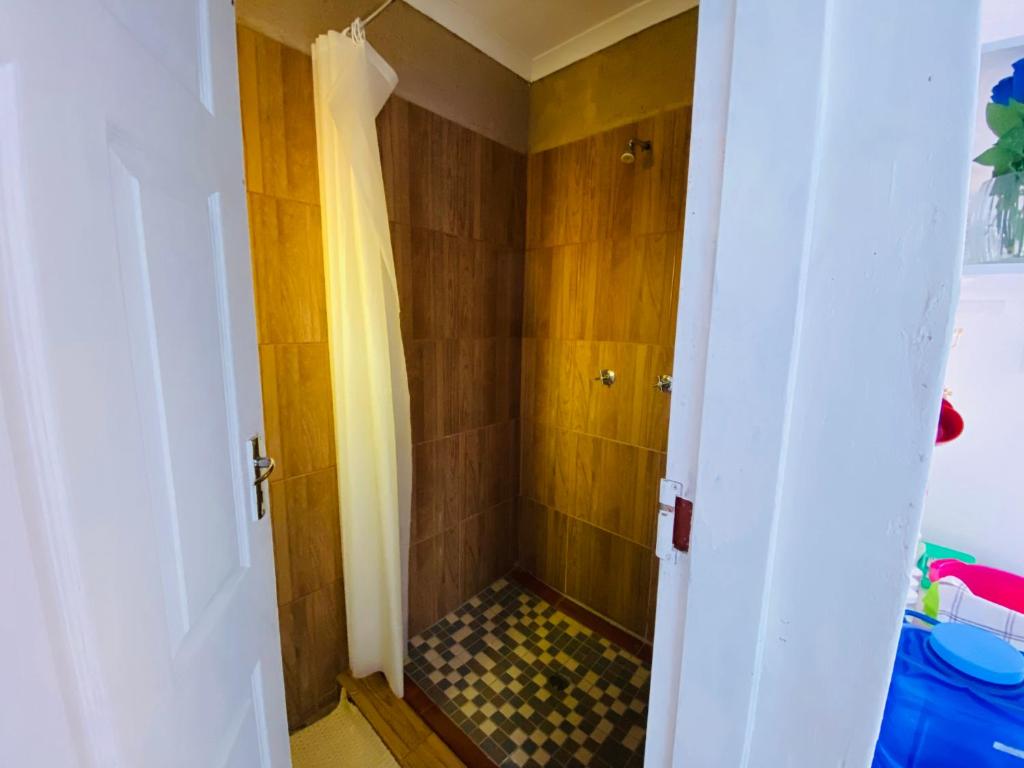 ein Bad mit einer Dusche, Fliesenboden und einer Dusche in der Unterkunft The Fern Corner Guest House 1 in Tzaneen