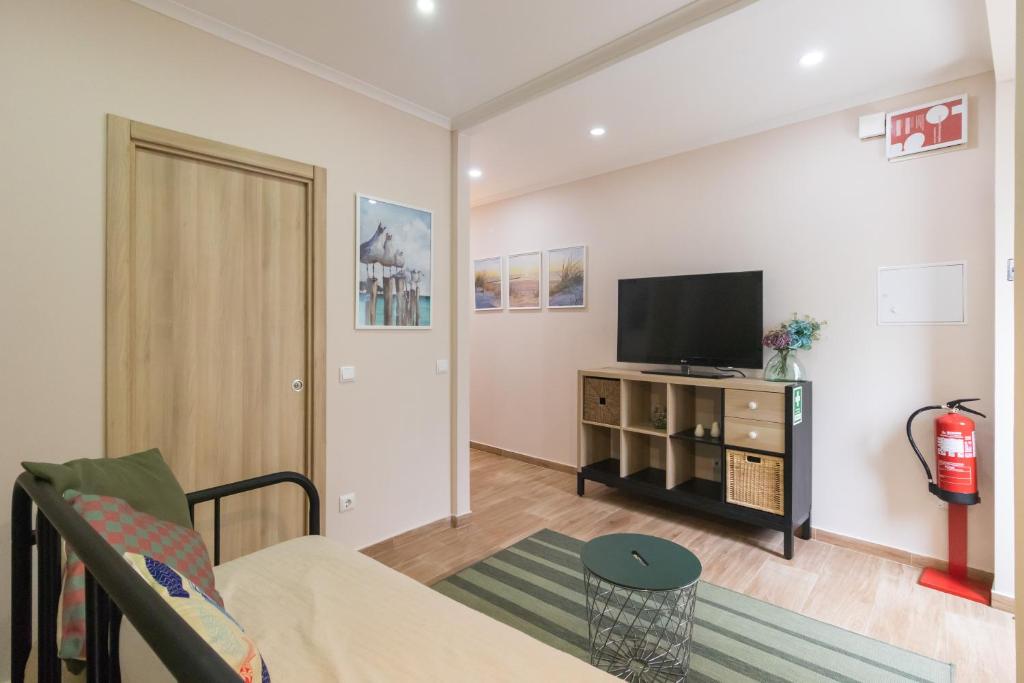 ein Wohnzimmer mit Sofa und Fernseher in der Unterkunft SaltWater Peniche Apartments in Peniche
