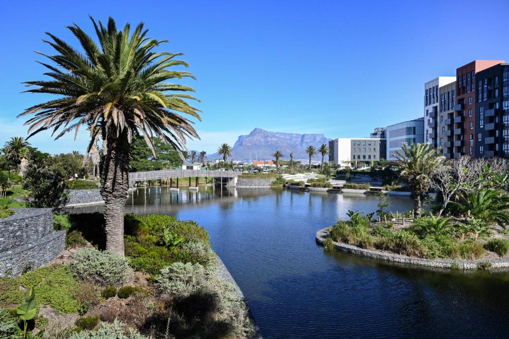 a river with a palm tree and a bridge at BGS Luxury Accommodation-One bed-Cape Town in Cape Town
