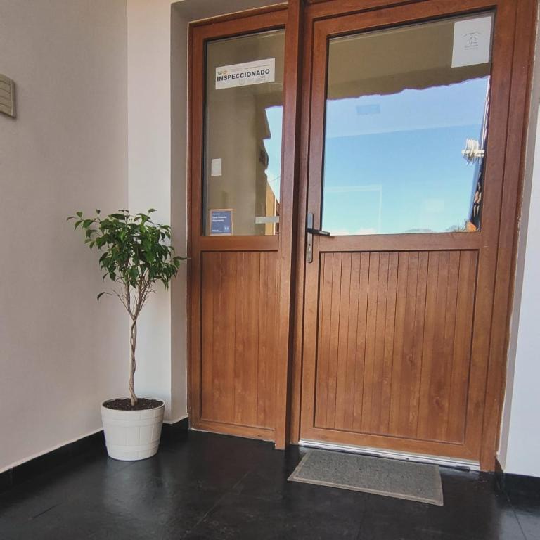 a wooden door with a potted tree in front of it at Cerro Pirámide Alojamiento in Caviahue