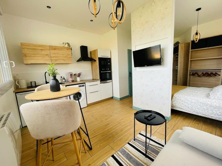 a kitchen and a living room with a bed and a table at Studio Ô terrasses de Virieu in Pélussin
