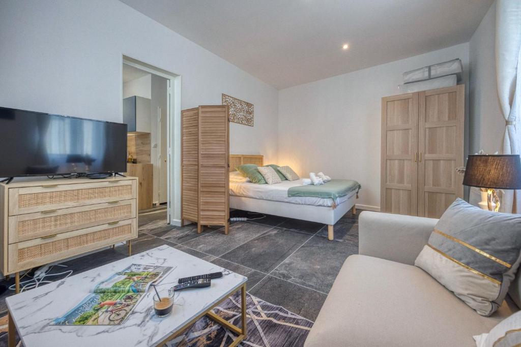 a living room with a couch and a tv at L'As de Coeur - Rocade - Tram in Grenoble