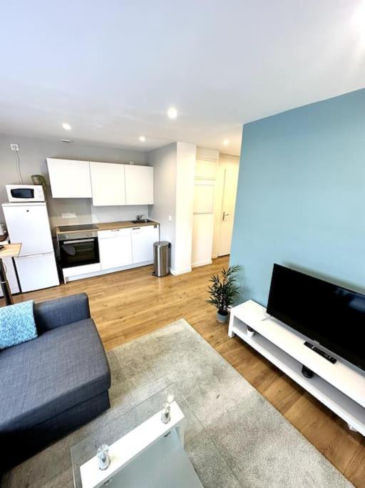 un salon avec un canapé et une télévision à écran plat dans l'établissement Confort près de Genève, à Annemasse