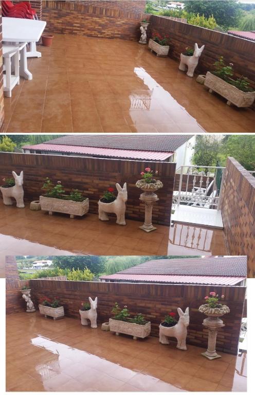 three pictures of a patio with a bench with plants at Apartamento Casuca, terraza y jardín in Ajo