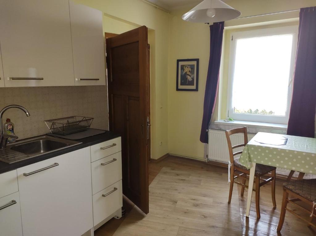 a kitchen with a sink and a table and a window at mieszkanie Tarnowskie Góry niedaleko Pałacu Rybna in Tarnowskie Góry