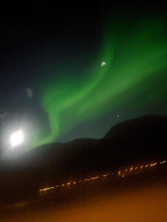 an aurora in the sky with a street light at Paradis in Nord-Lenangen