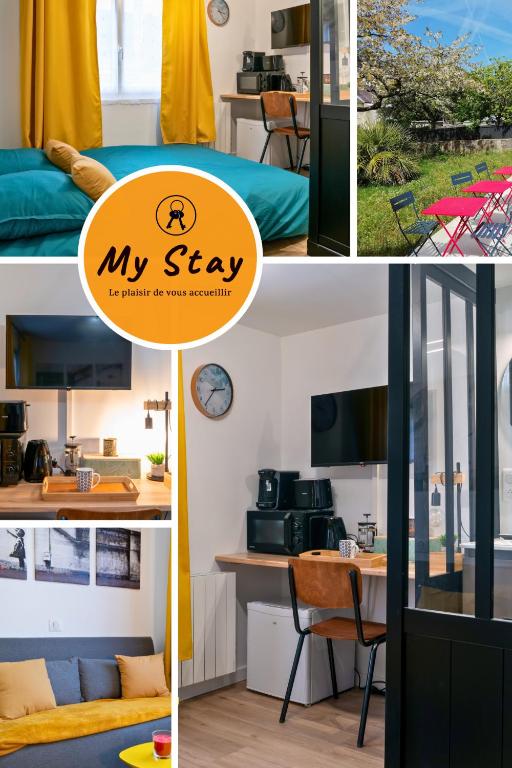 un collage de photos d'une chambre avec un lit et un bureau dans l'établissement Belle petite chambre privée de 9m2, avec SDC et WC, Wifi et Netflix, à Saint-Brieuc