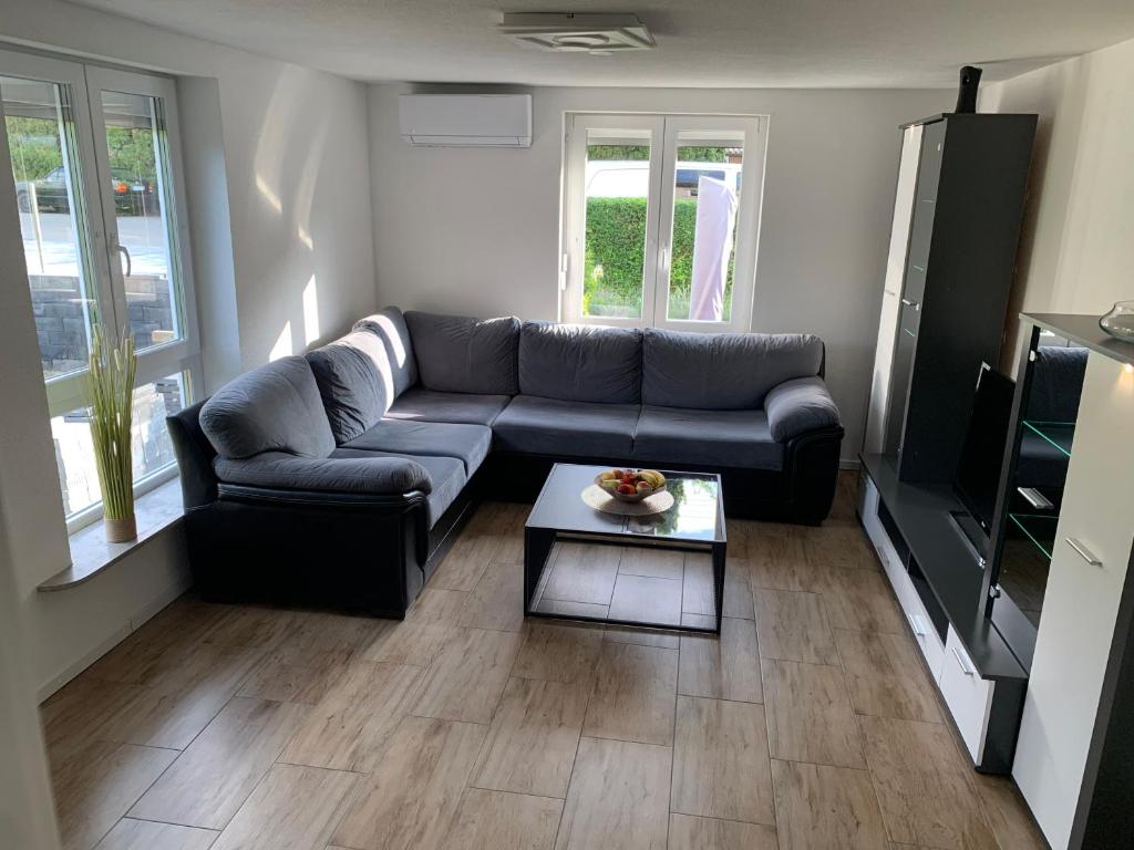 a living room with a couch and a coffee table at Klimatisierte Ferienwohnung in Balingen