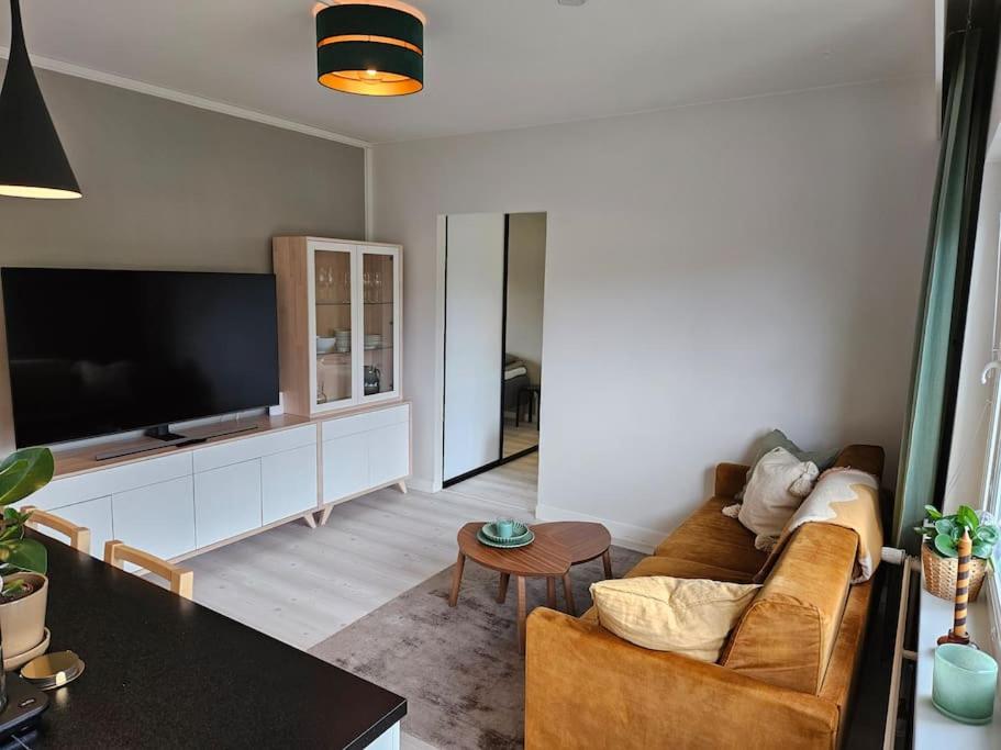 a living room with a couch and a tv at City Apartment Aarneenkallio & free parking in Kuopio