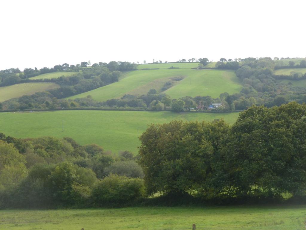 a green field with trees in the foreground at Briardene Cottage - Devon countryside - sleeps 6 in Exeter