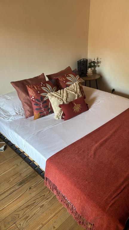 ein Bett mit Kissen darauf in einem Schlafzimmer in der Unterkunft Charmante Maison de Ville in Arles