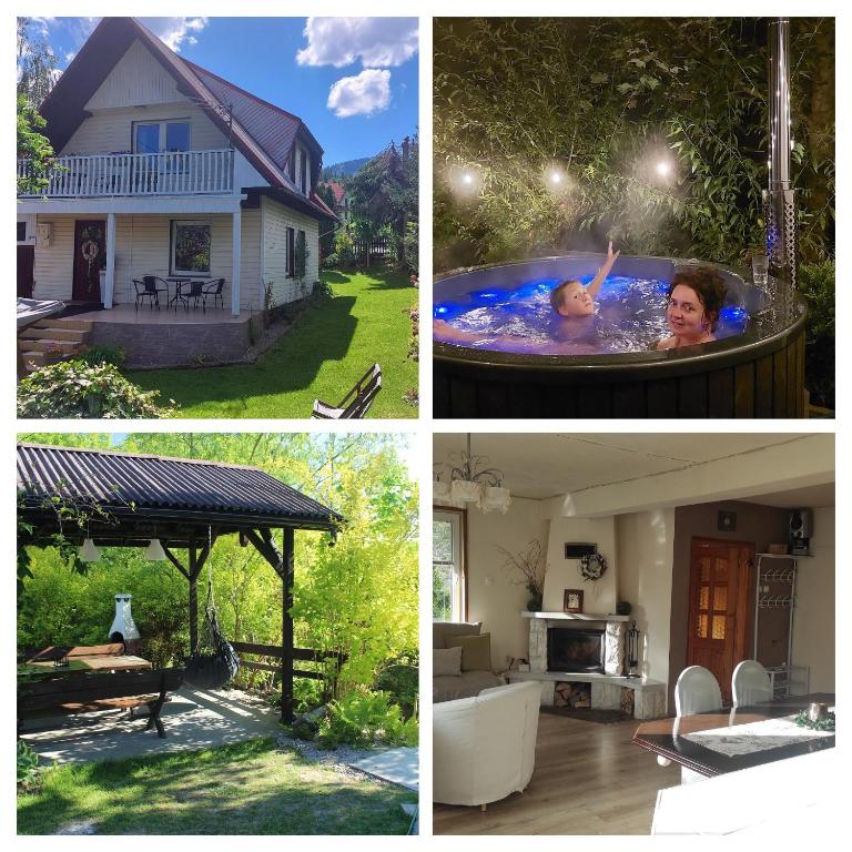 a collage of three pictures of a child in a backyard at Cottage Zawoja z Jacuzzi in Zawoja