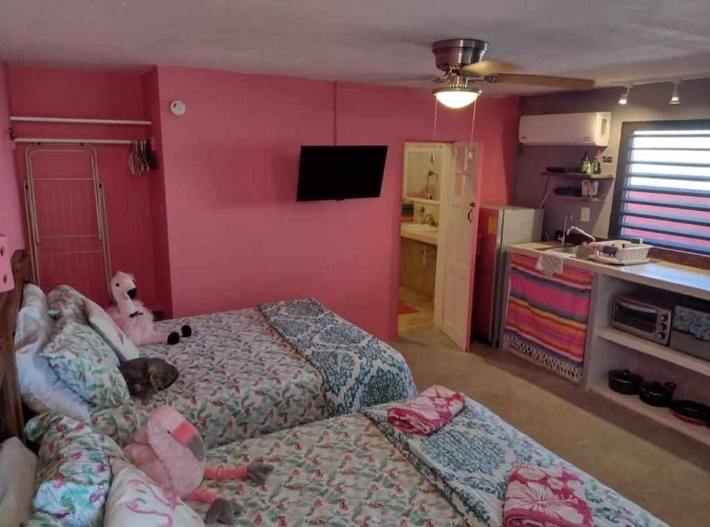 a bedroom with two beds and a pink wall at Courtyard family room in Chelem