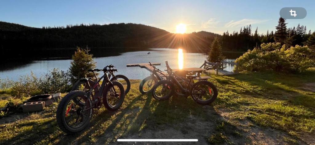 a group of bikes parked next to a lake at Auberge Évasion Nature Petite-Vallée in Petite-Vallée