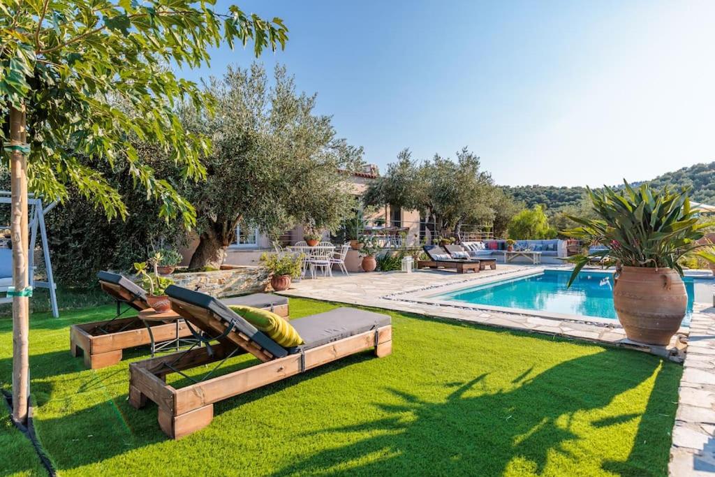 einen Hinterhof mit einem Pool und einem Resort in der Unterkunft Skopelos Blue Heaven Pool Villa in olive grove in Skopelos