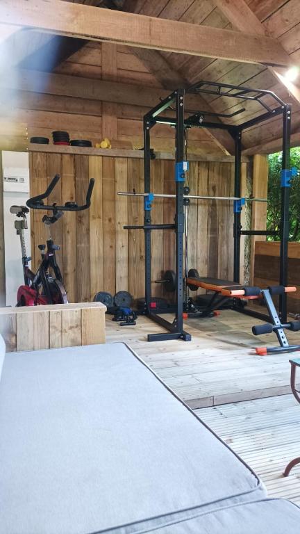 Posilňovňa alebo fitness centrum v ubytovaní Gîte - Les Pivoines - Les Jardins de Kerellec - 20min de la mer 4 à 6 personnes terrasse jacuzzi