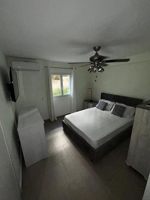 una camera da letto con un letto e un ventilatore a soffitto di Cozy Apt a Koolbaai