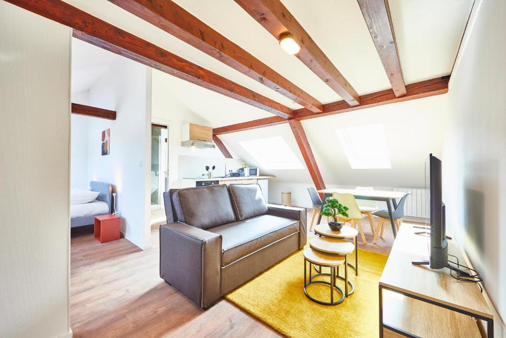 un salon avec un canapé et une table dans l'établissement RT 3 - Charmant F2 sous les combles 1-3 pers, à Mulhouse