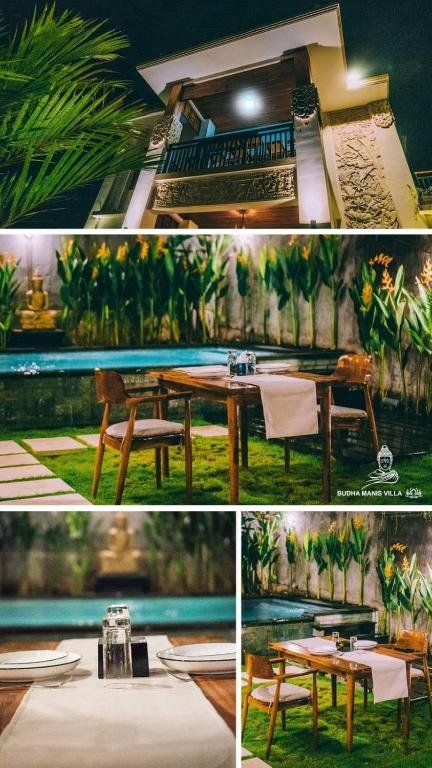 a collage of pictures of a restaurant with a table at Budha Manis Villa in Kerobokan