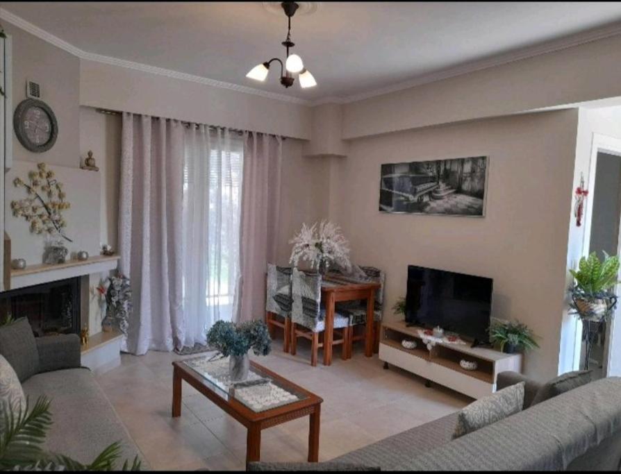 a living room with a couch and a tv at Ενοικιαζόμενο Διαμέρισμα in Lygia