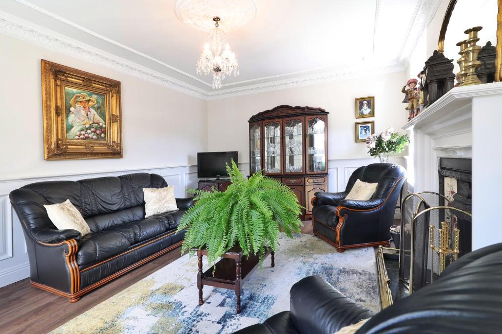 a living room with black leather furniture and a fireplace at Meadowside B&B in Bunclody