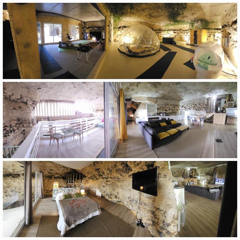 deux photos d'un salon et d'une salle à manger dans l'établissement La suite des fouleries, à Châteaudun