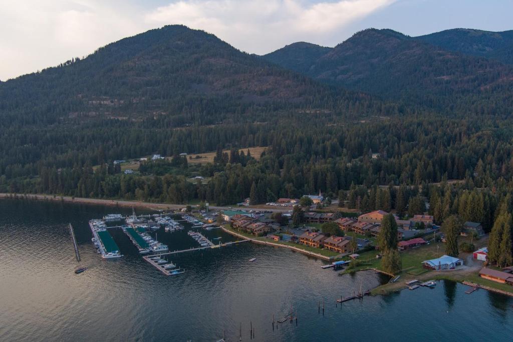 an aerial view of a marina in the middle of a lake at Pend Oreille Shores Resort in Hope