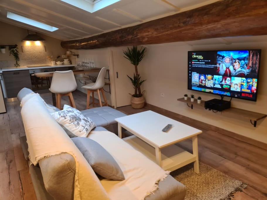 un salon avec un canapé et une télévision sur un mur dans l'établissement Magnifique cosy loft au cœur du centre ville, à Saint-Étienne