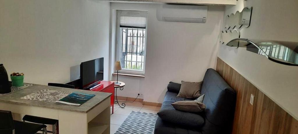 un salon avec un canapé et une table dans l'établissement Charmant studio avec terrasse ombragée, à Six-Fours-les-Plages