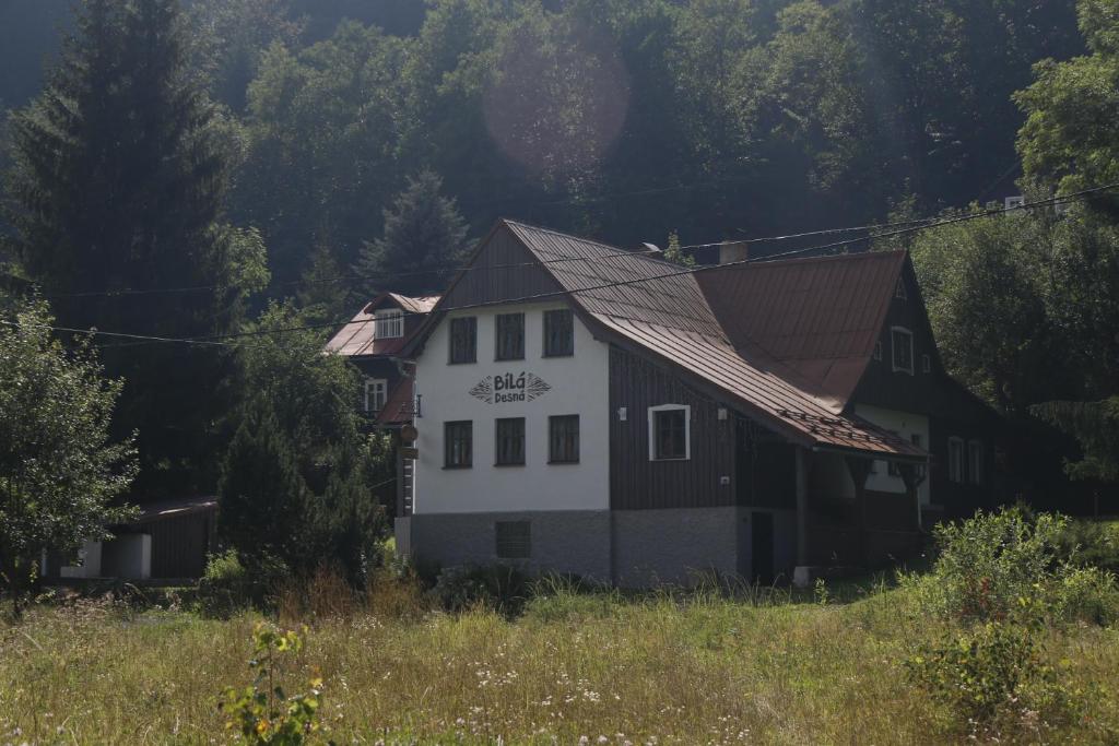 a white and black house in a field at Chalupa Bílá Desná in Jablonec nad Nisou
