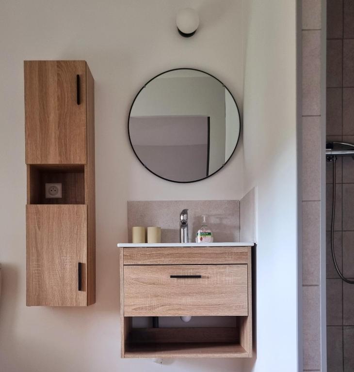 une salle de bain avec un lavabo et un miroir dans l'établissement Art et cosy, à Savigneux