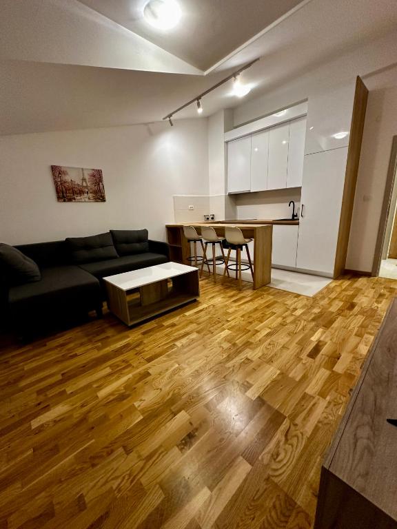 a living room with a black couch and a wooden floor at Modern Luxury Apartment with Private Garage in Stara Varoš