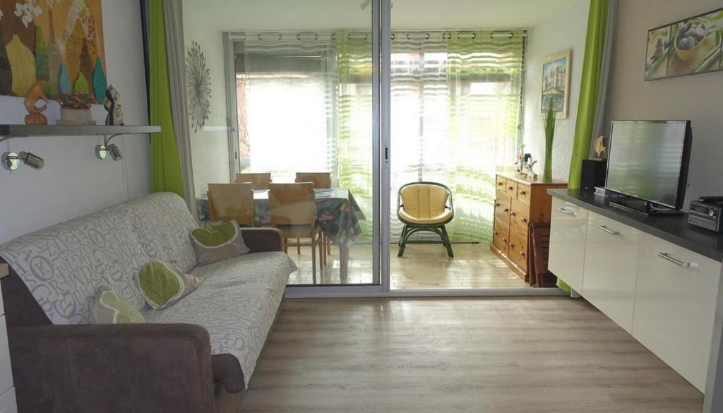 un salon avec un canapé et une télévision dans l'établissement Studio proche port et plages, au calme (impasse), à Hyères