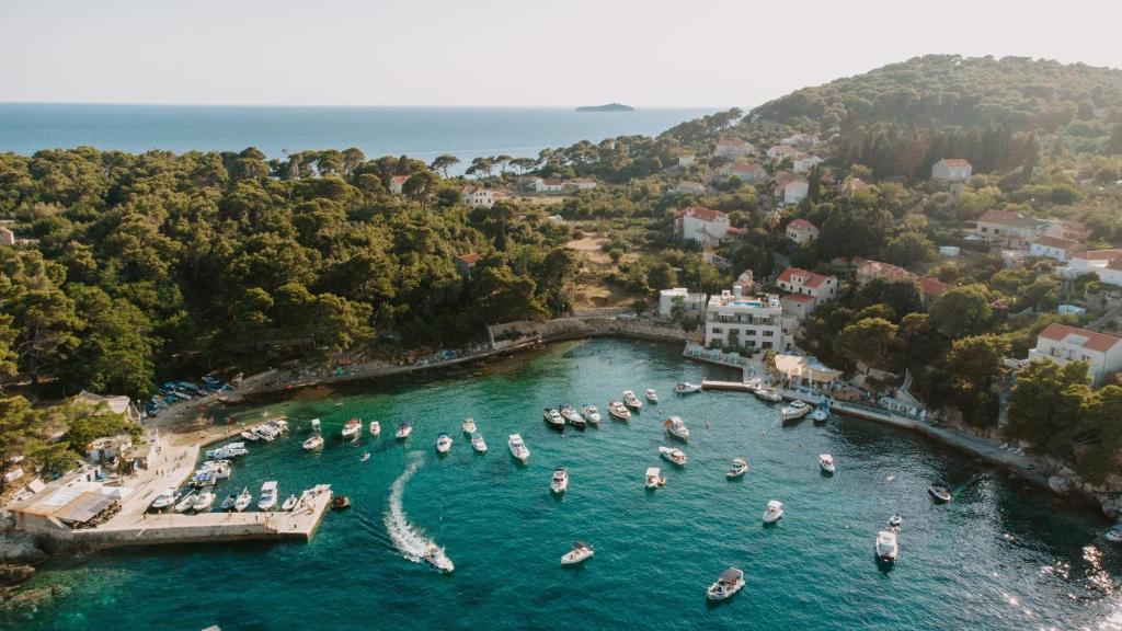 an aerial view of a group of boats in the water at Kalamota Beach House in Koločep
