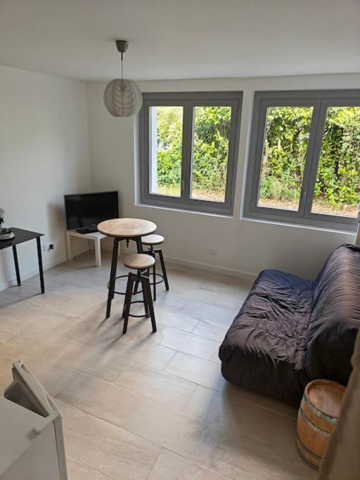 un salon avec un lit et une table dans l'établissement Studio équipé - Parking, à Saint-Gaudens